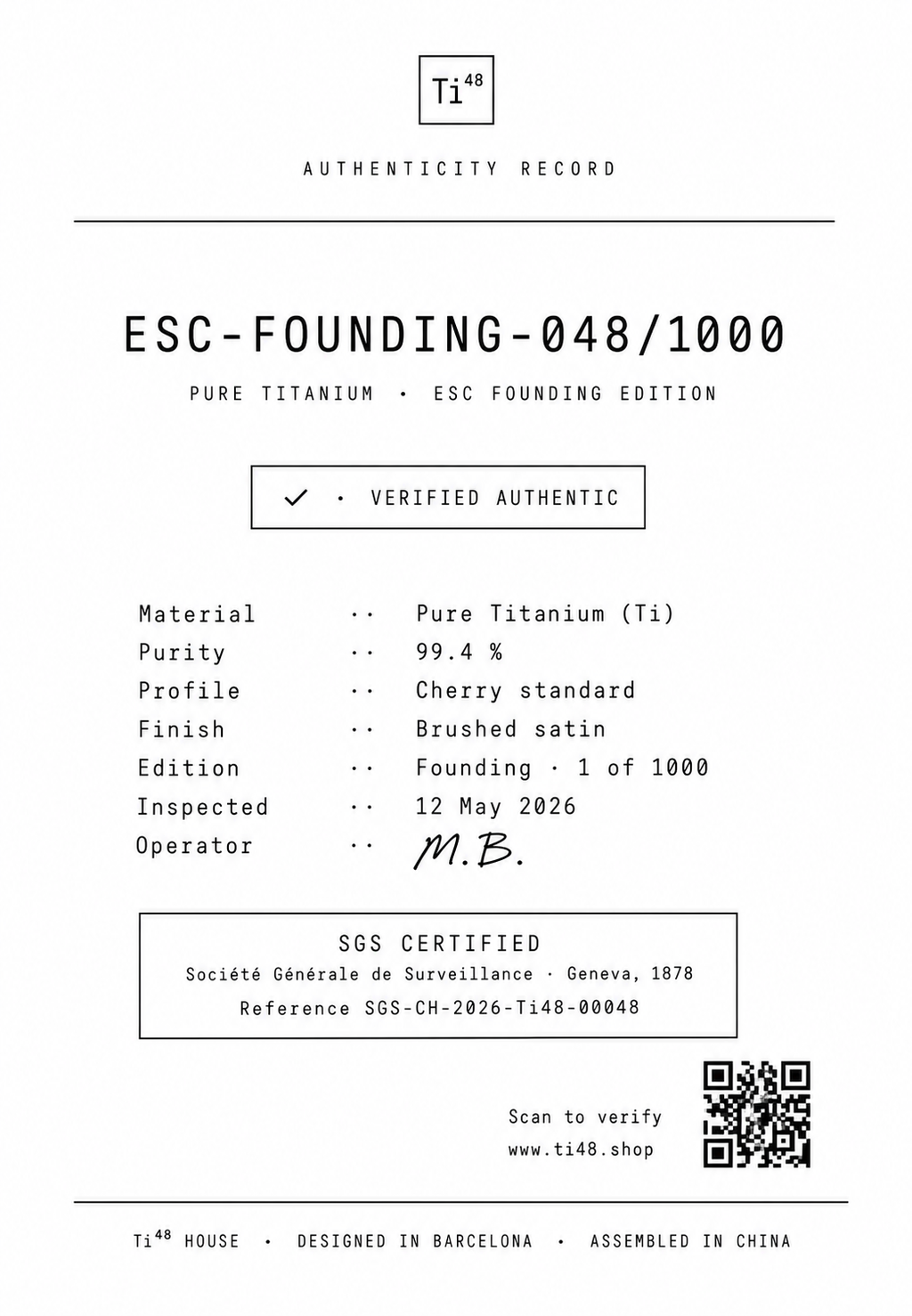 Ti⁴⁸ ESC — Founding Edition · Pure Titanium
